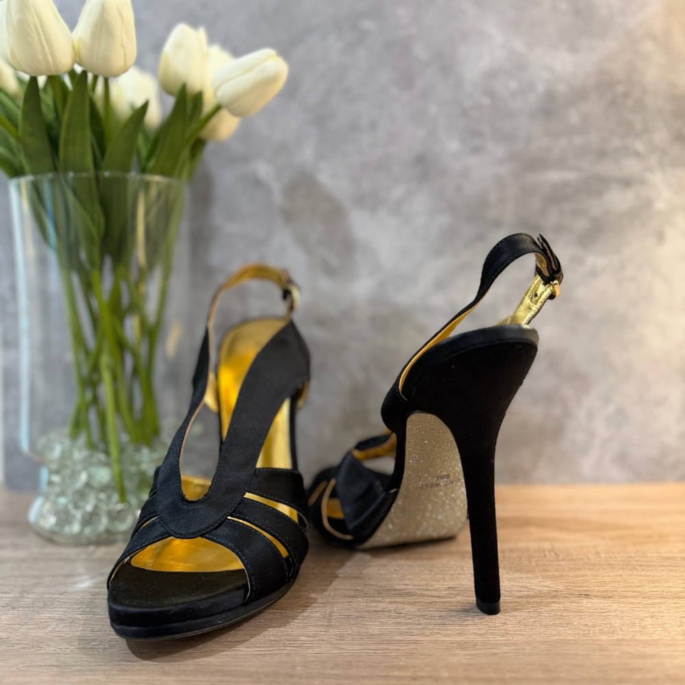 NWOB Nine West Loela Sling Back Black Satin Sling Back Heels